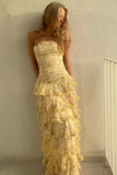 Modest Sheath Strapless Yellow Chiffon Floral Long Prom Dresses Party Dress 22th Birthday Outfits Graduation Dress HZ0311