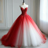 Cute Ball Gown Sweetheart Ombre Red White Long Tulle Quinceanera Dress Sweet 15 16 Dresses HZ0311