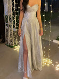 Simple A Line Spaghetti Straps Sequin Slit Prom Dresses Impress Sweet 16 Birthday Outfits Prom Gown HZ0311