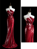 Sparkle Mermaid One Shoulder Burgundy Sequin Long Prom Dresses Impress 18th Birthday Outfits Prom Gown HZ0311