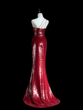Sparkle Mermaid One Shoulder Burgundy Sequin Long Prom Dresses Impress 18th Birthday Outfits Prom Gown HZ0311