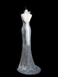 Retro Mermaid Halter Silver Sequin Long Prom Dresses Impress 18th Birthday Outfits Prom Gown HZ0311