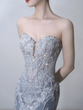Princess Mermaid Sweetheart Silver Sequin Fitted Long Wedding Dress Bridal Gown Wedding Dresses HZ0311