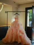 Cute Ball Gown Strapless Blush Pink Tulle Flowers Long Quinceanera Dress Sweet 15 16 Dresses HZ0311
