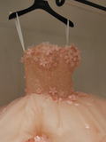 Cute Ball Gown Strapless Blush Pink Tulle Flowers Long Quinceanera Dress Sweet 15 16 Dresses HZ0311