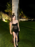 Amazing Mermaid Strapless Black Sequin Slit Long Prom Dresses Inspiration Party Dress Prom Gown HZ0311