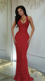 Stunning Mermaid Halter Red Sequins Baddie Formal Dance Evening Party Gowns HZ0311