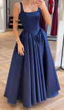 Chic A line Square Neck Navy Blue Satin With Pleated Sleeveless Long Party Women Prom Dresses HZ0311