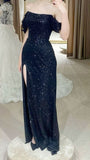 Chic Mermaid Off The Shoulder Navy Blue Sequins Slit With Pleated Short Sleeves Long Party Women Prom Dresses HZ0311