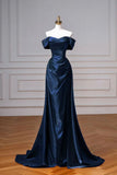 Elegant A Line Off the Shoulder Navy Blue Satin Prom Dresses Long Wedding Guest Dress Evening Dress HZ0311