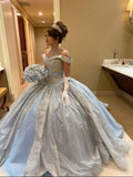 Light Sky Blue Ball Gown Off The Shoulder Quinceanera Dress Birthday Luxury Dress Sweet 15 16 Birthday Gown HZ0311