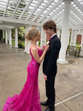 Glitter Mermaid Prom Dress Women Hot Pink Sequins Long Formal Dance Evening Party Gowns HZ0311