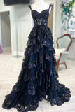 Sparkly Sleeveless Spaghetti Straps Sequins Ball Gown Navy Blue Prom Dresses HZ0311