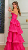 Attractive Ball Gown Sweetheart Basque Waist Corset Ruffle Hot Pink Long Formal Party Prom Dresses HZ0311