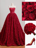 Timeless Ball Gown Strapless Burgundy Floral Tulle Long Prom Dresses Inspiration Party Gowns HZ0311