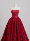 Timeless Ball Gown Strapless Burgundy Floral Tulle Long Prom Dresses Inspiration Party Gowns HZ0311