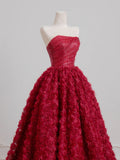 Timeless Ball Gown Strapless Burgundy Floral Tulle Long Prom Dresses Inspiration Party Gowns HZ0311