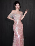 Glittery Mermaid Off The Shoulder Pink Sequins Short Sleeves Prom Dresses Inspiration Long Night Outfits Birthday Outfit HZ0311