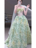 Princess Ball Gown Strapless Green Floral Tulle With Scarf Prom Dress Fashion Aesthetic For Teens Formal Dresses Party Outfits Prom Gown HZ0311