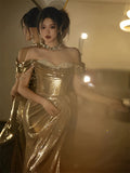 Mermaid Off The Shoulder Gold Sequin Short Sleeves Prom Dresses Inspiration Long Night Outfits Birthday Outfit HZ0311