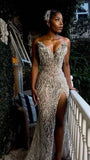 Chic Mermaid Strapless Champagne Sequins Beads Tops Prom Dress Inspo Women Long Formal Dance Evening Party Gown HZ0311