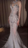 Glitter Mermaid High Neck White Silver Beaded Long Prom Dresses With Train Inspiration Evening Gowns For Women Formal Party Dress HZ0311