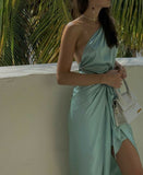 Simple Satin Mermaid One Shoulder Green Slit Long Evening Prom Dresses Prom Dress HZ0311
