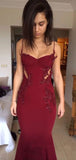 Mermaid Burgundy Spaghetti Straps Beaded Long Evening Prom Dresses Formal Dresses HZ0311