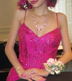 Glitter Mermaid Prom Dress Women Hot Pink Sequins Long Formal Dance Evening Party Gowns HZ0311
