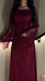 sparkle & shine burgundy allover lace ankle-length pleated sheath evening prom dresses HZ0311
