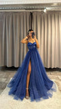 Chic Spaghetti Strap A line Wedding Guest Dresses Royal Blue Slit Prom Formal Dresses HZ0311