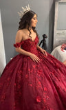 Cute Burgundy Ball Gown Off The Shoulder Quinceanera Dress Flowers Birthday Luxury Dress Sweet 15 16 Birthday Gown HZ0311