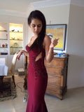 Mermaid Burgundy Spaghetti Straps Beaded Long Evening Prom Dresses Formal Dresses HZ0311