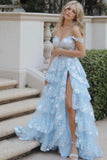 Pretty Off The Shoulder Pink Lace Slit Long Formal Prom Dresses Evening Dress Formal Party Gowns HZ0311