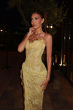 Modest Senior Prom Dresses High Schools Inspiration Mermaid Sweetheart Yellow Lace With Slit Semi Formal Grad Long Prom Dress For Teens HZ0311