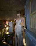 Sparkling Mermaid Spaghetti Strap Champagne Sequined Prom Dress Long Birthday Party Gown Formal Evening Dresses HZ0311