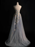 Modest A line Strapless Grey Tulle Floral Long Prom Dresses Night Formal Dresses HZ0311