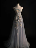 Modest A line Strapless Grey Tulle Floral Long Prom Dresses Night Formal Dresses HZ0311