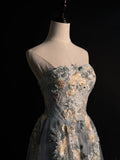 Modest A line Strapless Grey Tulle Floral Long Prom Dresses Night Formal Dresses HZ0311