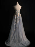 Modest A line Strapless Grey Tulle Floral Long Prom Dresses Night Formal Dresses HZ0311